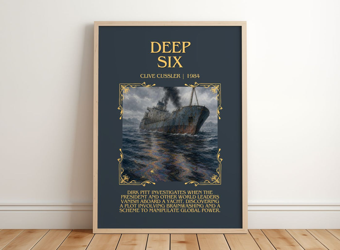 Deep Six Minimalist Book Poster by Clive Cussler – framed print leaning on a wooden floor