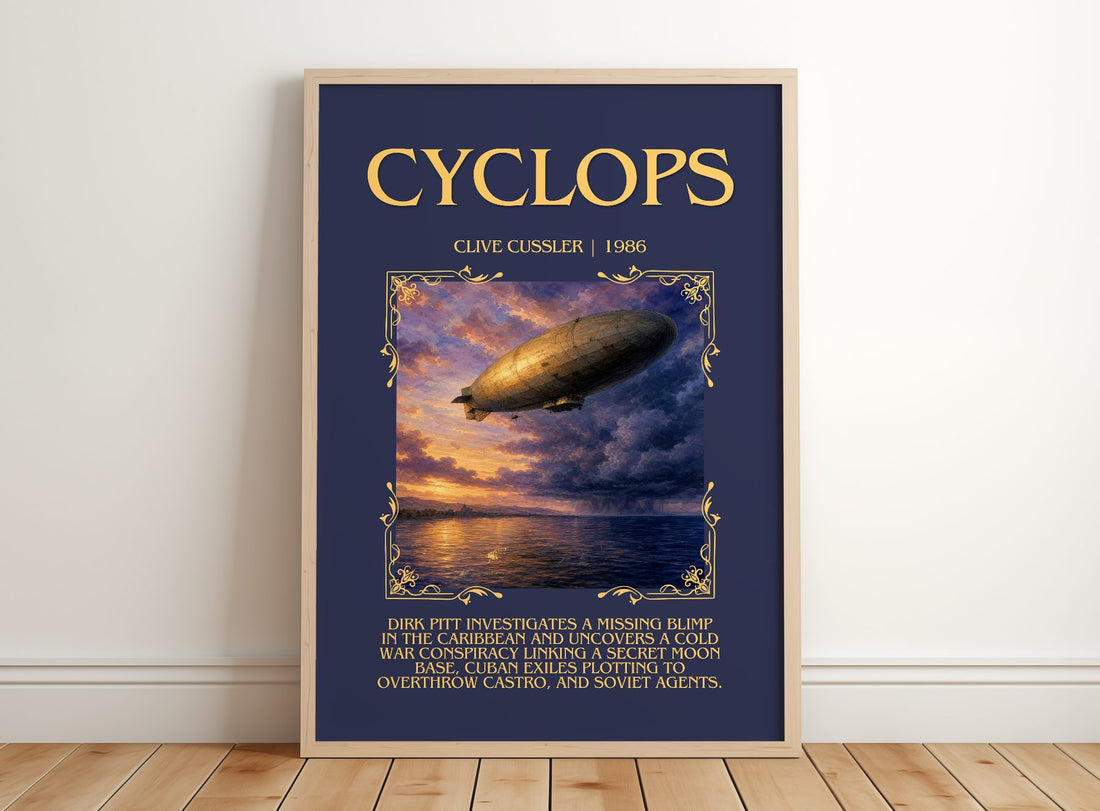 Cyclops Minimalist Book Poster by Clive Cussler – framed print leaning on a wooden floor