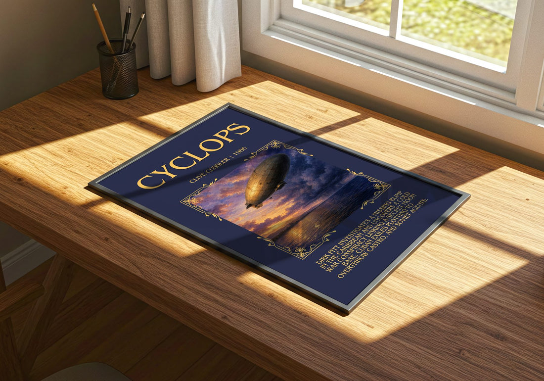 Cyclops Minimalist Book Poster by Clive Cussler – print on a sunlit desk