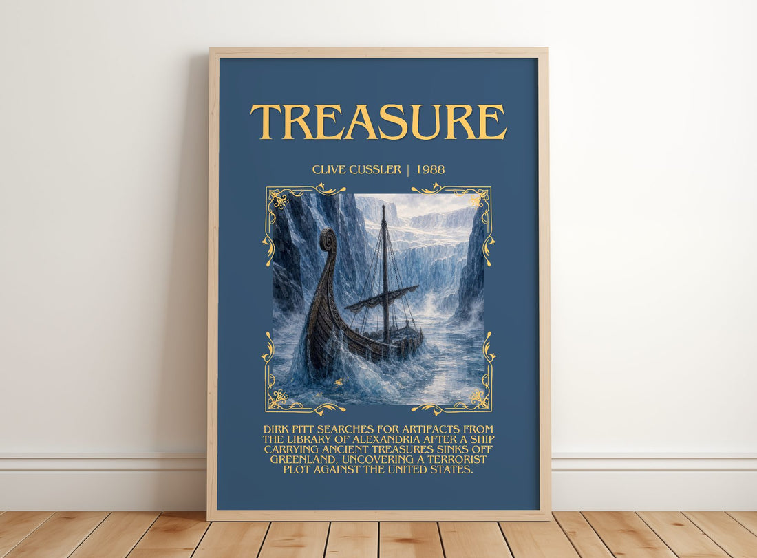 Treasure Minimalist Book Poster by Clive Cussler – framed print leaning on a wooden floor