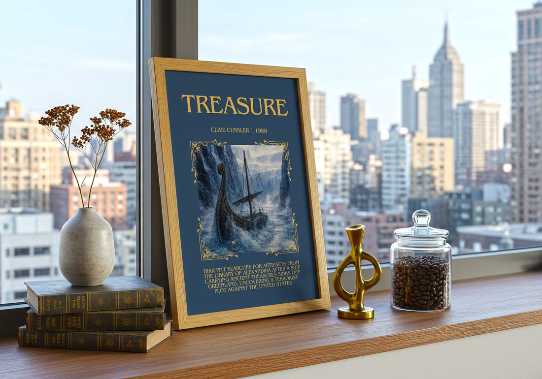 Treasure Minimalist Book Poster by Clive Cussler – framed print on a city-view windowsill