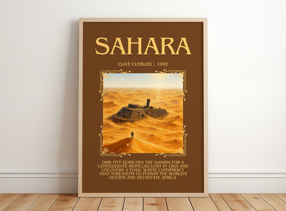 Sahara Minimalist Book Poster by Clive Cussler – framed print leaning on a wooden floor