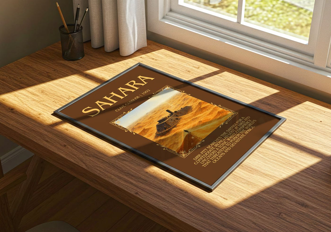 Sahara Minimalist Book Poster by Clive Cussler – print on a sunlit desk