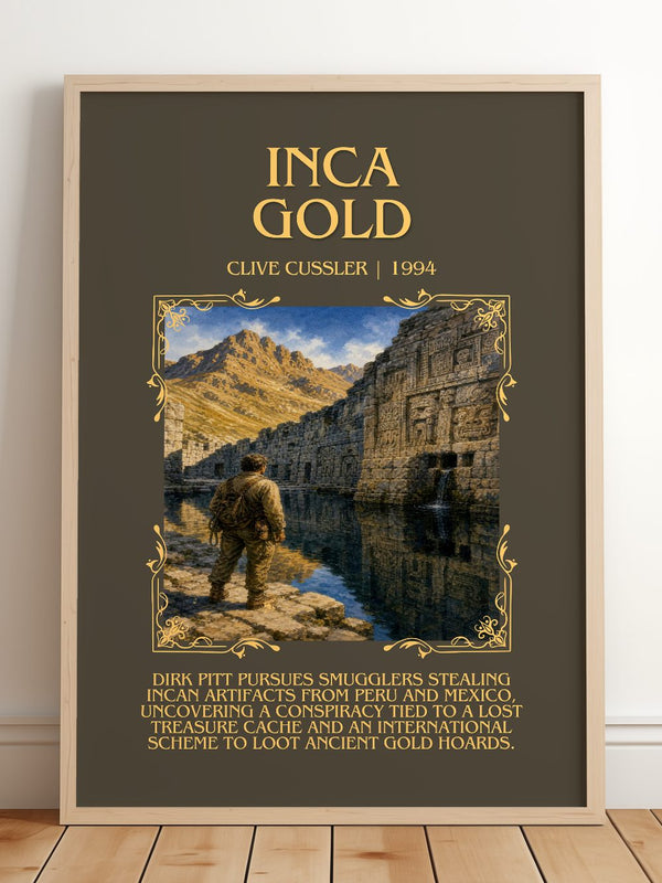 Inca Gold Minimalist Book Poster by Clive Cussler – framed print leaning on a wooden floor