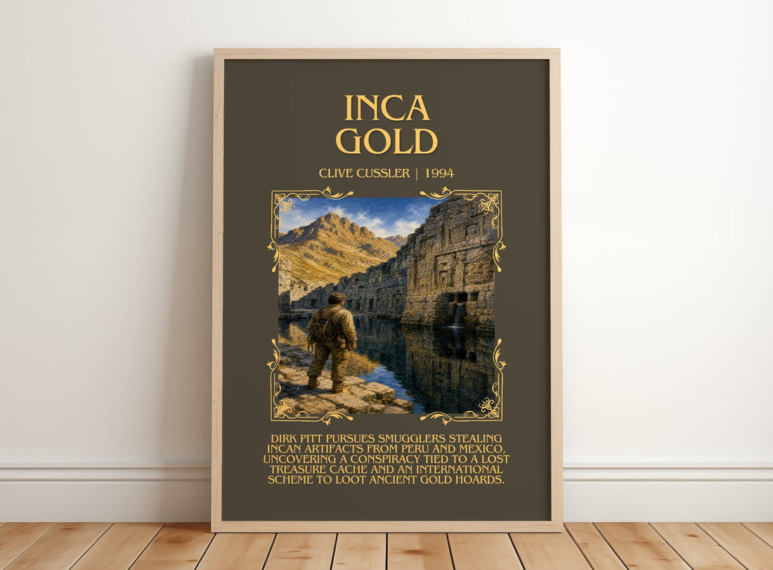 Inca Gold Minimalist Book Poster by Clive Cussler – framed print leaning on a wooden floor