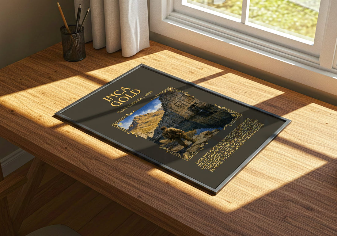 Inca Gold Minimalist Book Poster by Clive Cussler – print on a sunlit desk