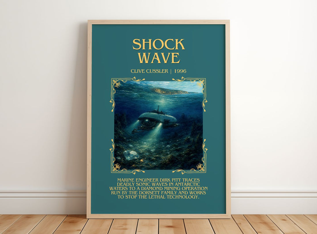 Shock Wave Minimalist Book Poster by Clive Cussler – framed print leaning on a wooden floor