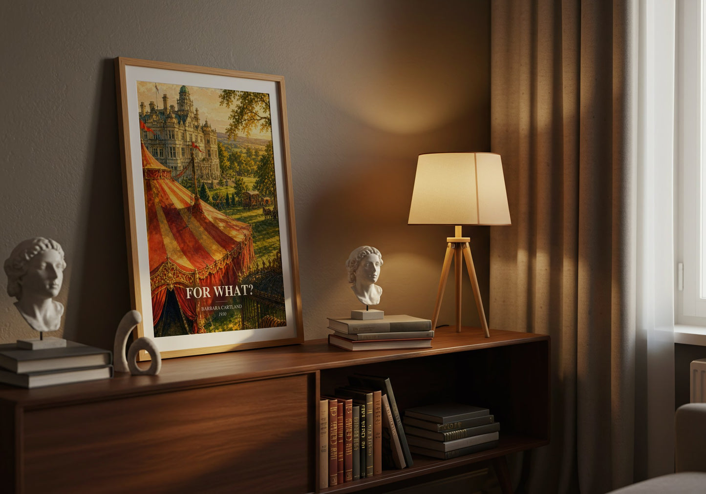 For What? watercolour print on bookshelf – Barbara Cartland fan gift