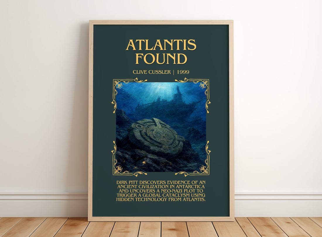 Atlantis Found Minimalist Book Poster by Clive Cussler – framed print leaning on a wooden floor