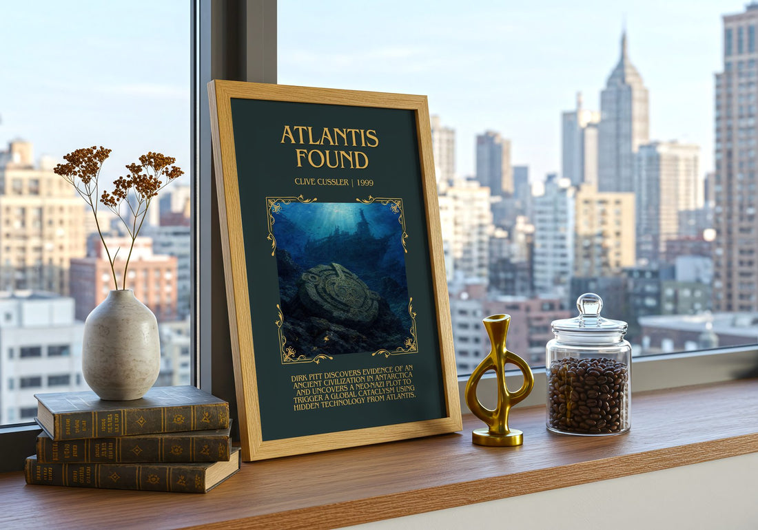 Atlantis Found Minimalist Book Poster by Clive Cussler – framed print on a city-view windowsill