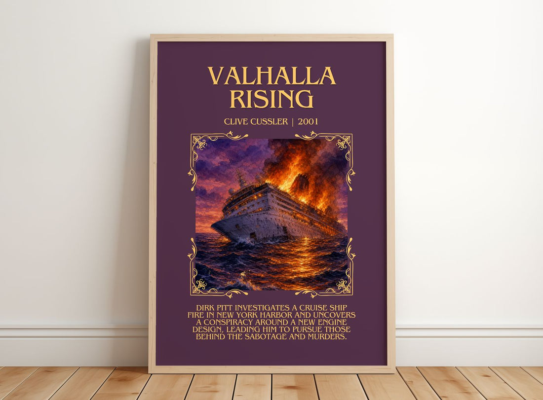Valhalla Rising Minimalist Book Poster by Clive Cussler – framed print leaning on a wooden floor
