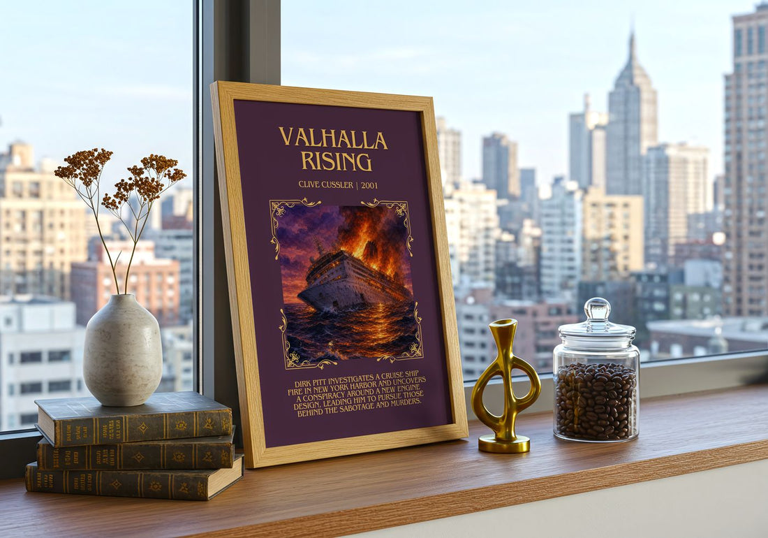 Valhalla Rising Minimalist Book Poster by Clive Cussler – framed print on a city-view windowsill