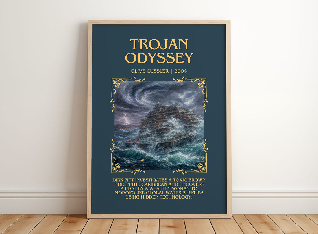 Trojan Odyssey Minimalist Book Poster by Clive Cussler – framed print leaning on a wooden floor