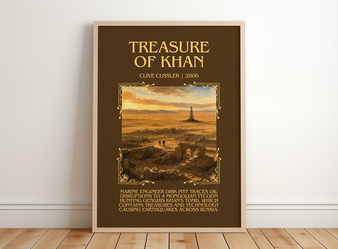 Treasure of Khan Minimalist Book Poster by Clive Cussler – framed print leaning on a wooden floor