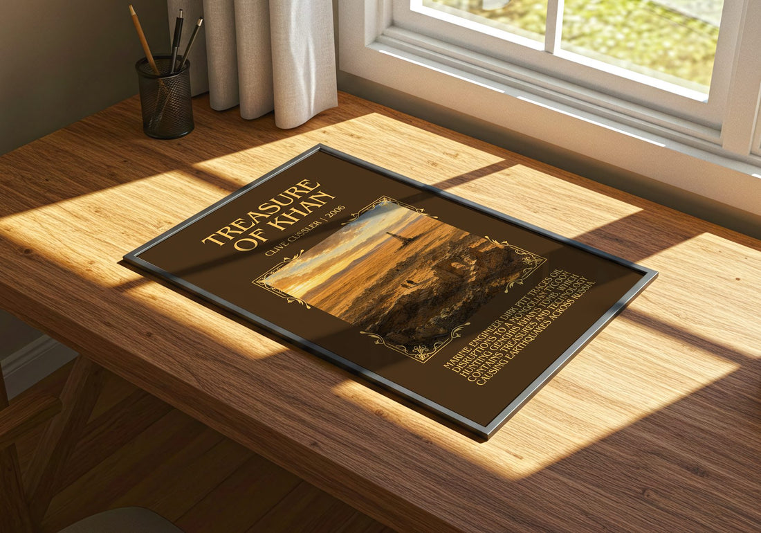 Treasure of Khan Minimalist Book Poster by Clive Cussler – print on a sunlit desk