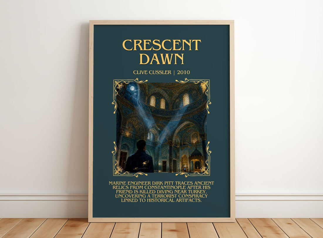 Crescent Dawn Minimalist Book Poster by Clive Cussler – framed print leaning on a wooden floor
