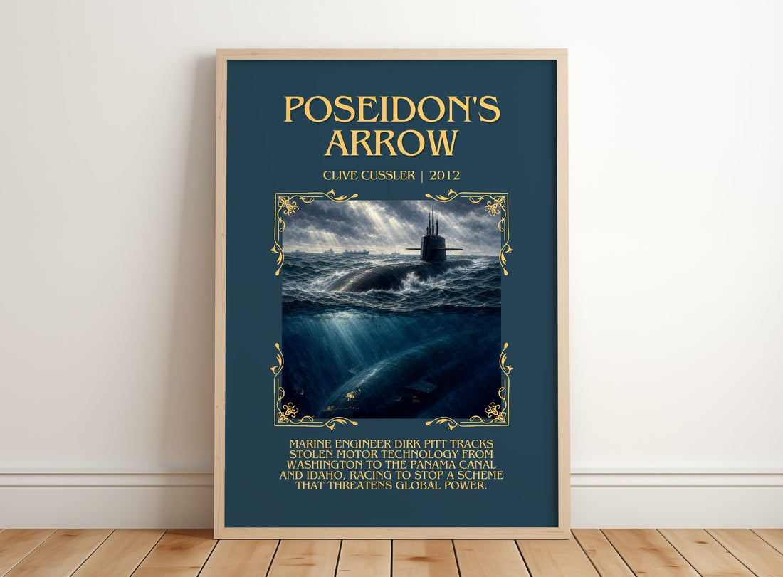Poseidon's Arrow Minimalist Book Poster by Clive Cussler – framed print leaning on a wooden floor