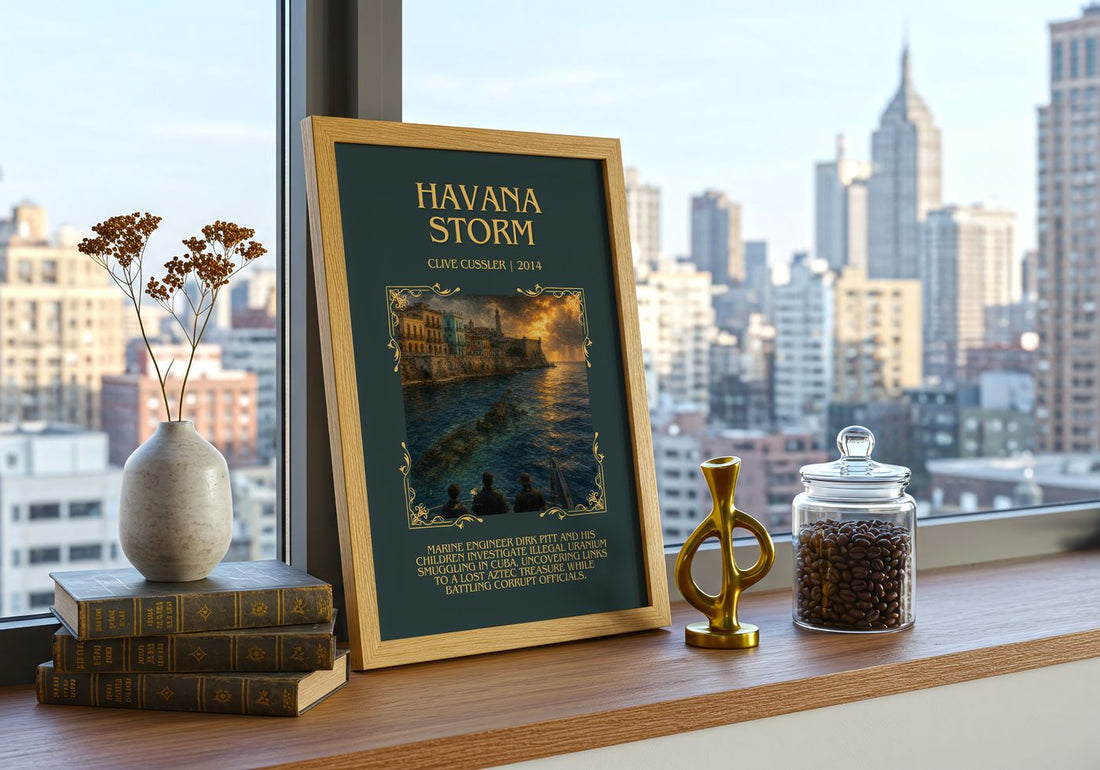 Havana Storm Minimalist Book Poster by Clive Cussler – framed print on a city-view windowsill