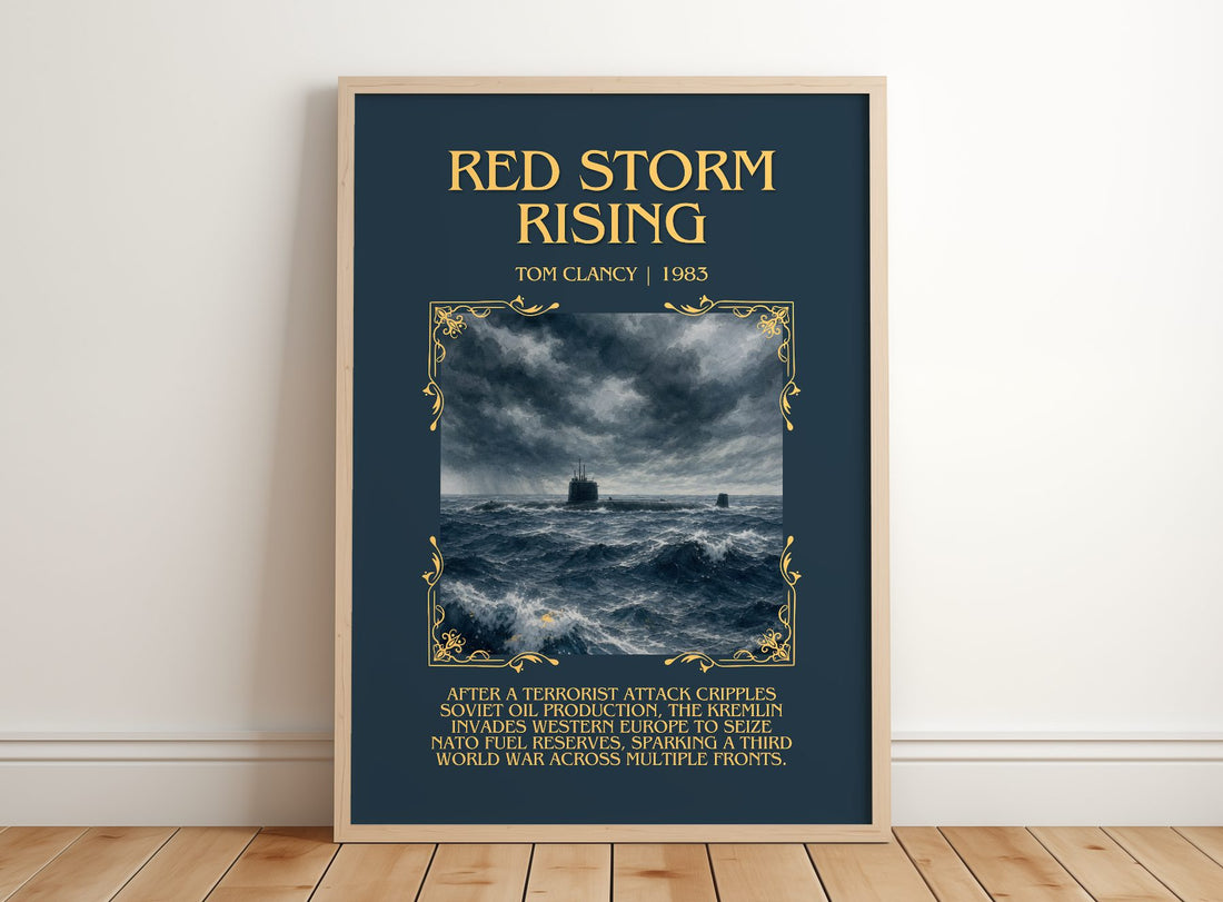 Red Storm Rising Minimalist Book Poster by Tom Clancy – framed print leaning on a wooden floor