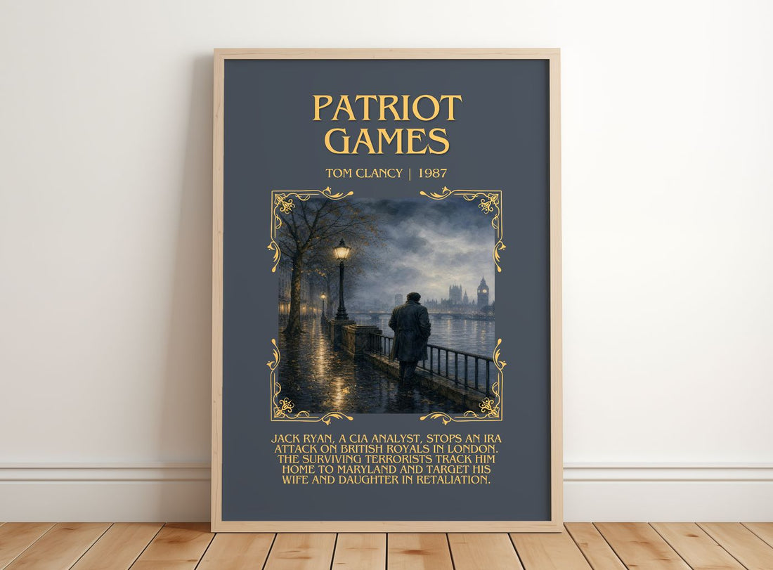 Patriot Games Minimalist Book Poster by Tom Clancy – framed print leaning on a wooden floor