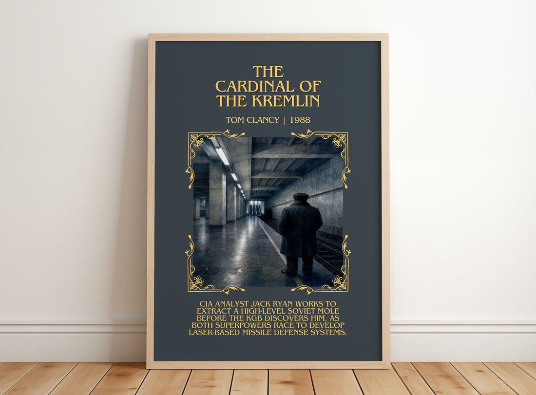 The Cardinal of the Kremlin Minimalist Book Poster by Tom Clancy – framed print leaning on a wooden floor