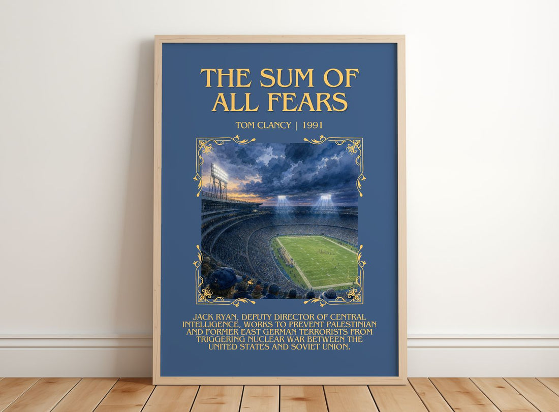 The Sum of All Fears Minimalist Book Poster by Tom Clancy – framed print leaning on a wooden floor