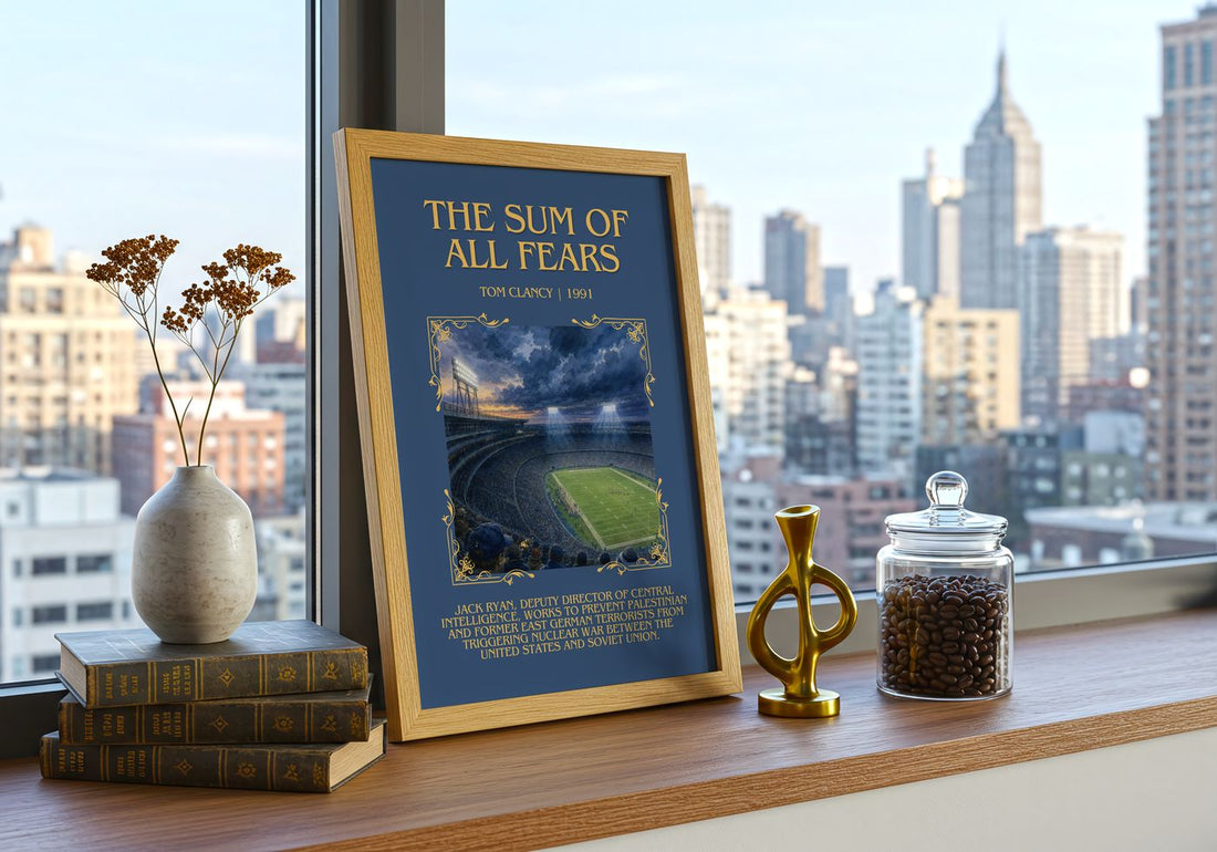 The Sum of All Fears Minimalist Book Poster by Tom Clancy – framed print on a city-view windowsill