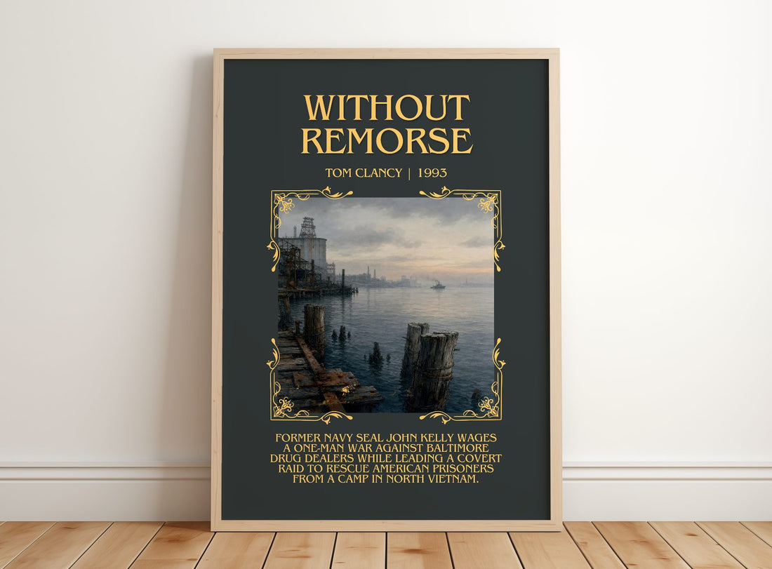 Without Remorse Minimalist Book Poster by Tom Clancy – framed print leaning on a wooden floor