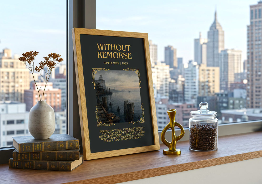 Without Remorse Minimalist Book Poster by Tom Clancy – framed print on a city-view windowsill