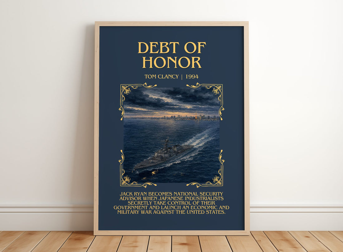 Debt of Honor Minimalist Book Poster by Tom Clancy – framed print leaning on a wooden floor