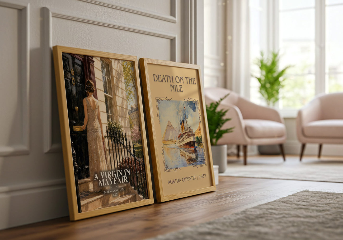 A Virgin In Mayfair watercolour print framed by window – literary home decor