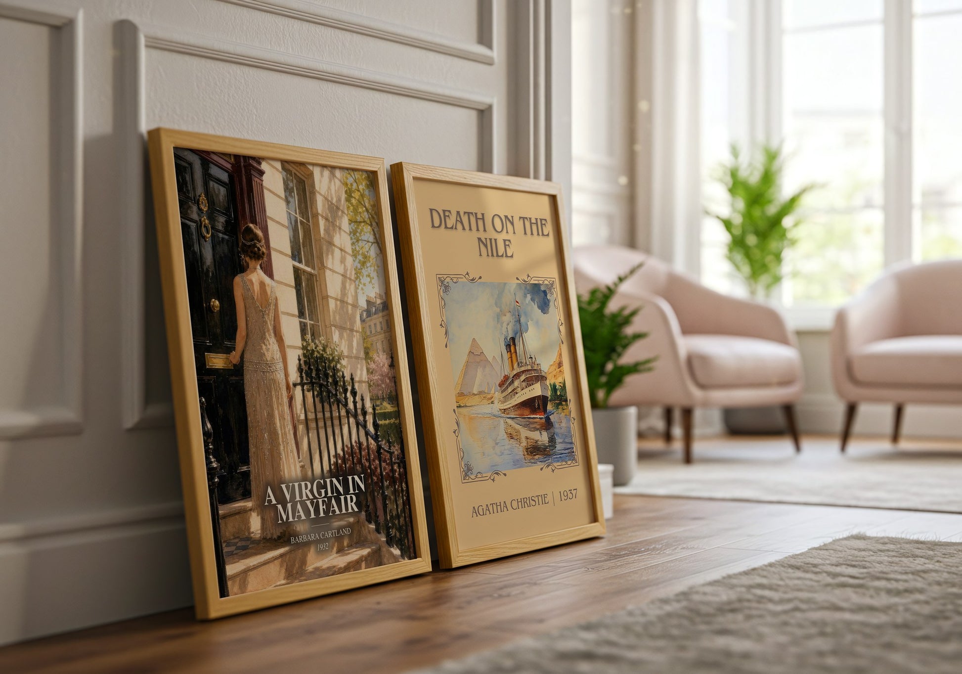 A Virgin In Mayfair watercolour print framed by window – literary home decor