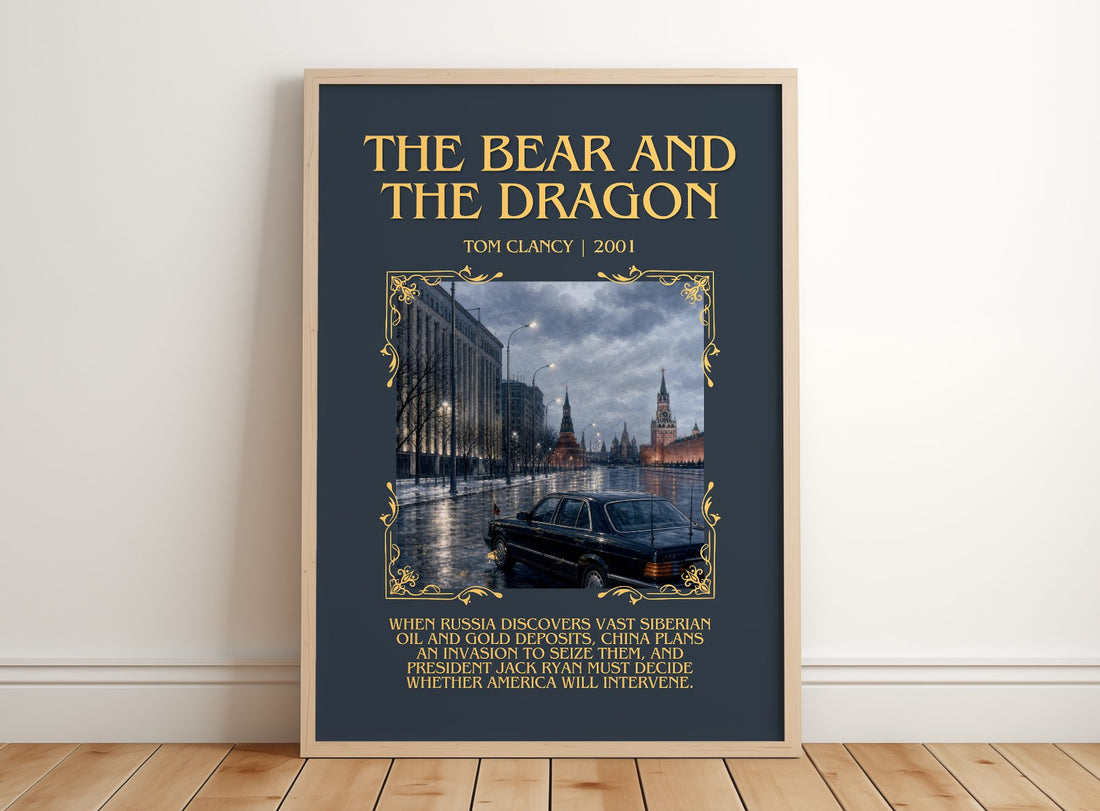 The Bear and the Dragon Minimalist Book Poster by Tom Clancy – framed print leaning on a wooden floor