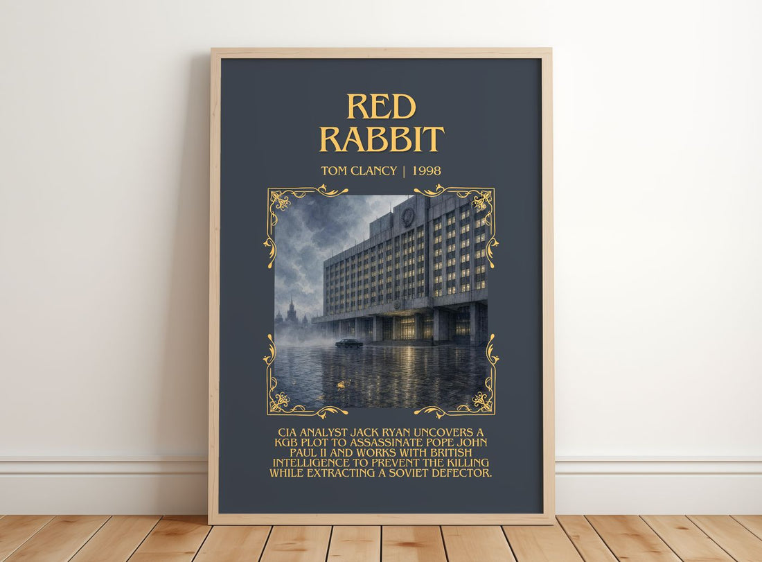 Red Rabbit Minimalist Book Poster by Tom Clancy – framed print leaning on a wooden floor