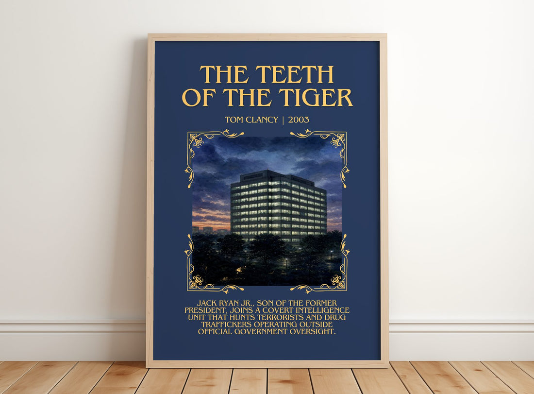 The Teeth of the Tiger Minimalist Book Poster by Tom Clancy – framed print leaning on a wooden floor