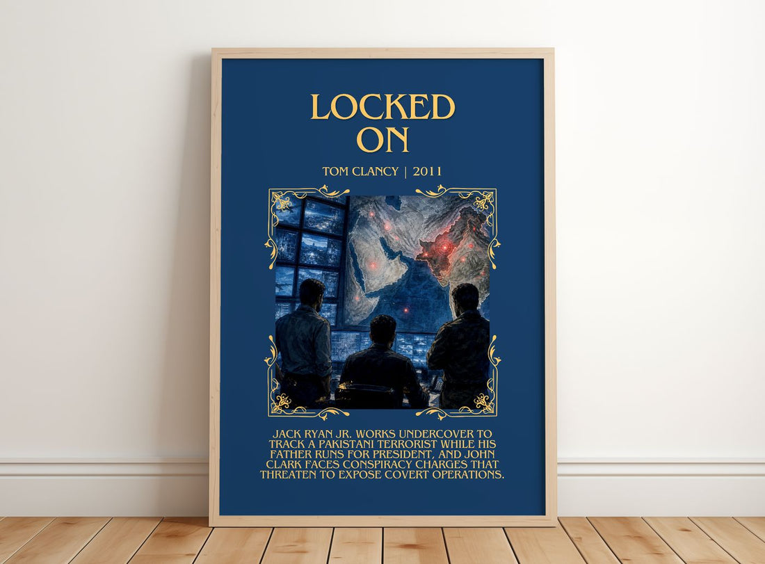 Locked On Minimalist Book Poster by Tom Clancy – framed print leaning on a wooden floor