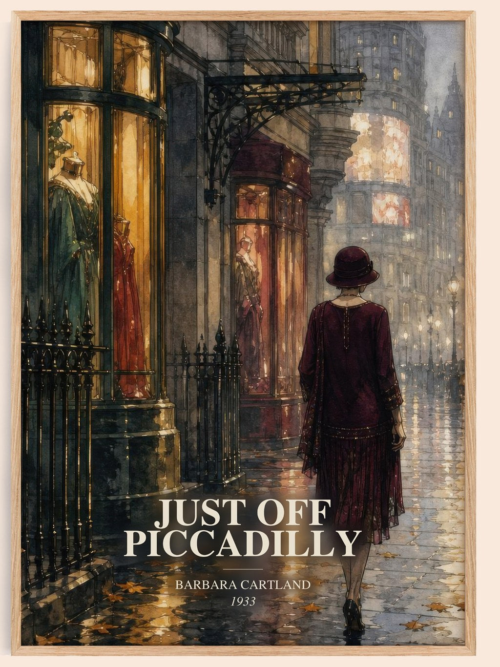 Just Off Piccadilly watercolour book poster by Barbara Cartland – framed literary art print
