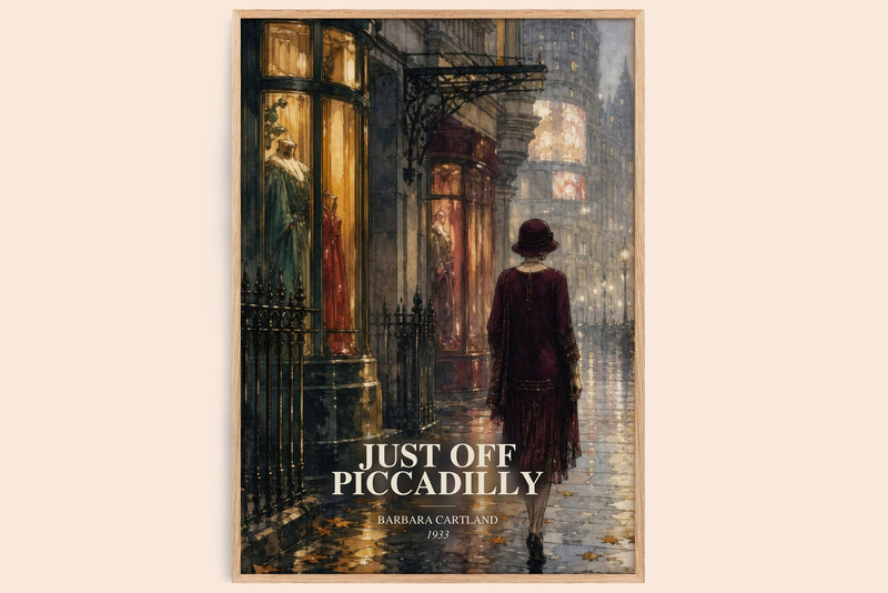 Just Off Piccadilly watercolour book poster by Barbara Cartland – framed literary art print