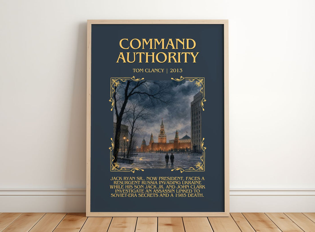 Command Authority Minimalist Book Poster by Tom Clancy – framed print leaning on a wooden floor