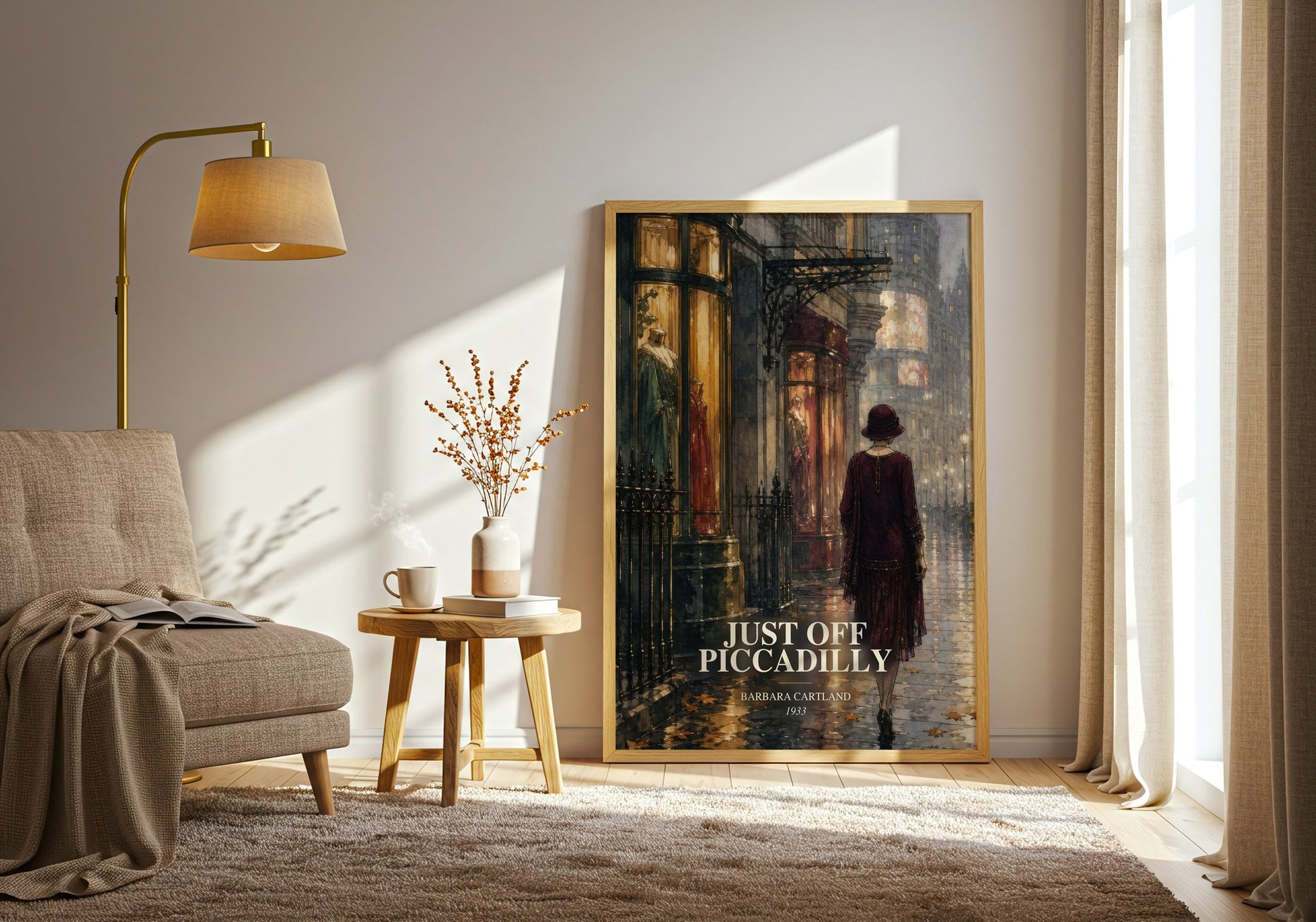 Just Off Piccadilly watercolour print in frame leaning in hallway – romance wall art