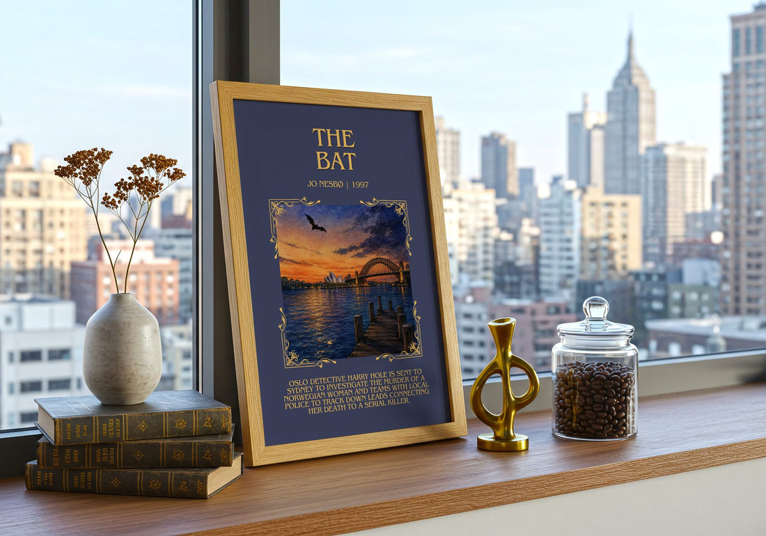 The Bat Minimalist Book Poster by Jo Nesbø – framed print on a city-view windowsill