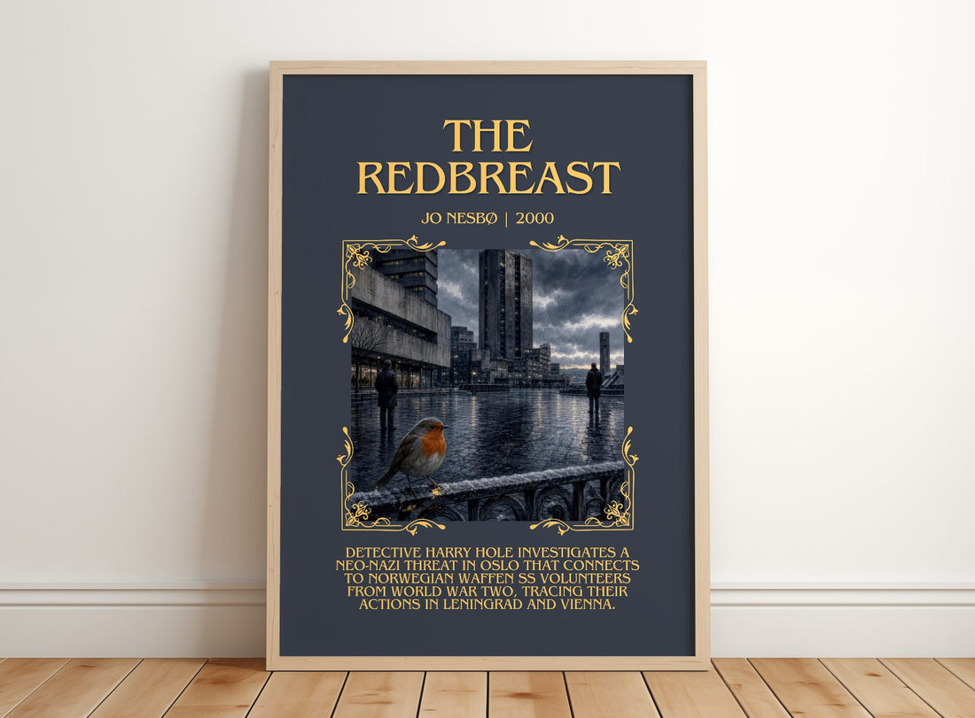 The Redbreast Minimalist Book Poster by Jo Nesbø – framed print leaning on a wooden floor