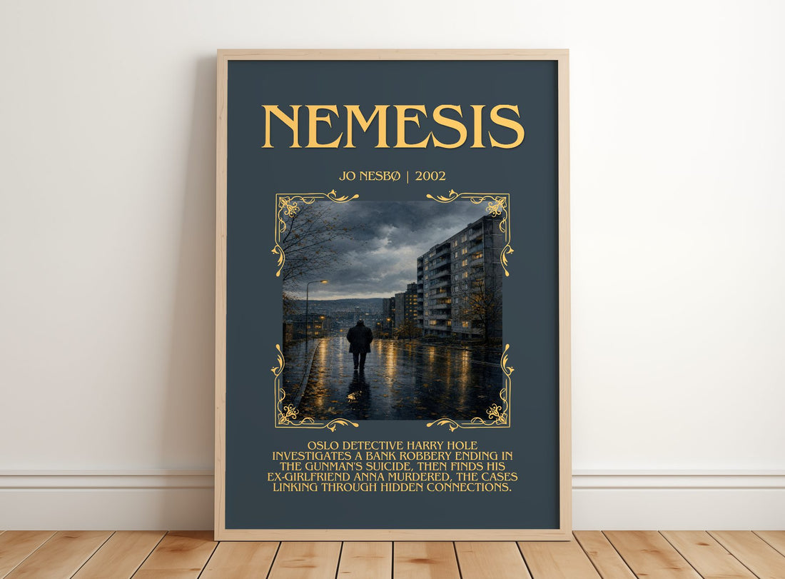 Nemesis Minimalist Book Poster by Jo Nesbø – framed print leaning on a wooden floor