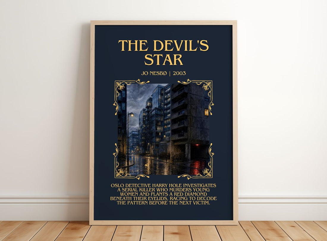 The Devil's Star Minimalist Book Poster by Jo Nesbø – framed print leaning on a wooden floor