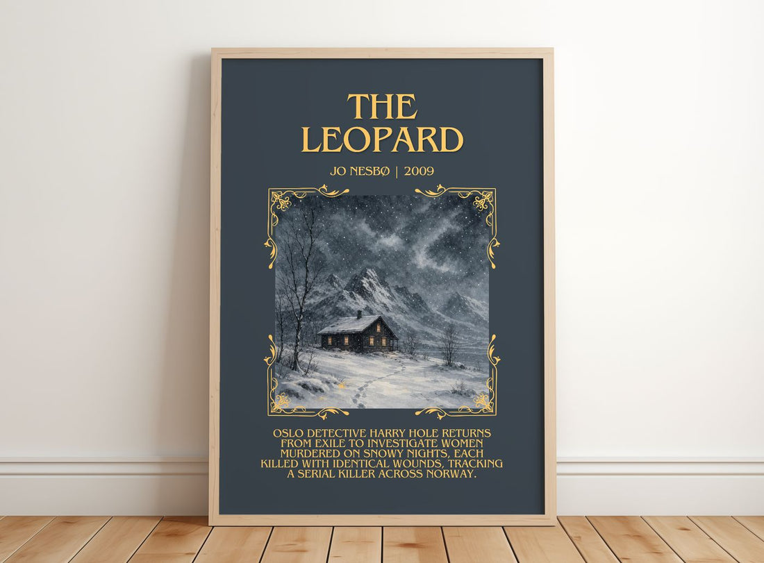 The Leopard Minimalist Book Poster by Jo Nesbø – framed print leaning on a wooden floor