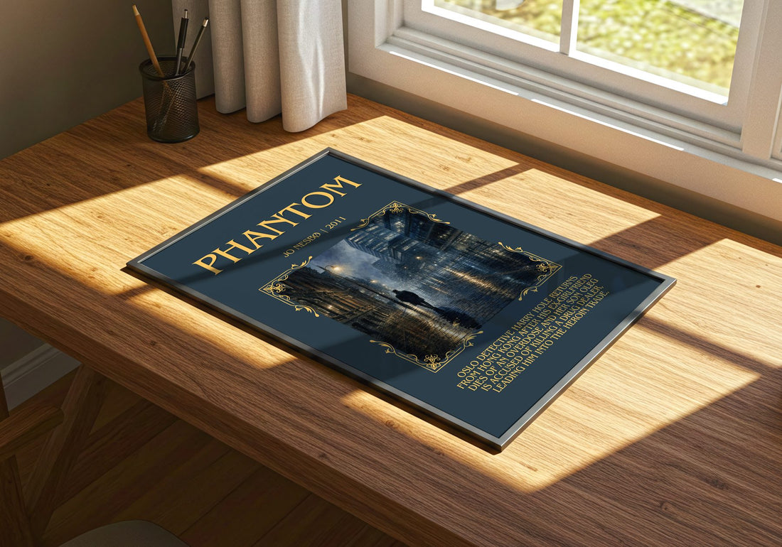 Phantom Minimalist Book Poster by Jo Nesbø – print on a sunlit desk