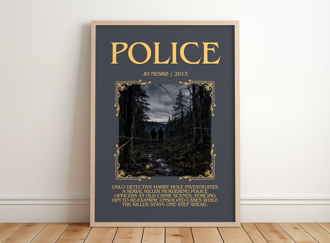Police Minimalist Book Poster by Jo Nesbø – framed print leaning on a wooden floor