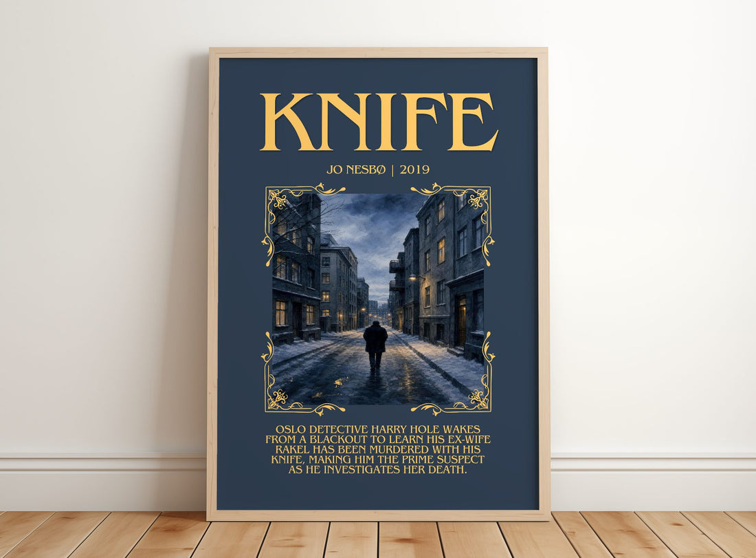 Knife Minimalist Book Poster by Jo Nesbø – framed print leaning on a wooden floor