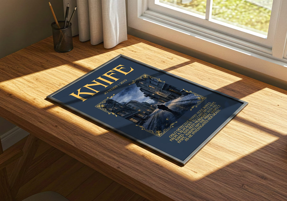 Knife Minimalist Book Poster by Jo Nesbø – print on a sunlit desk