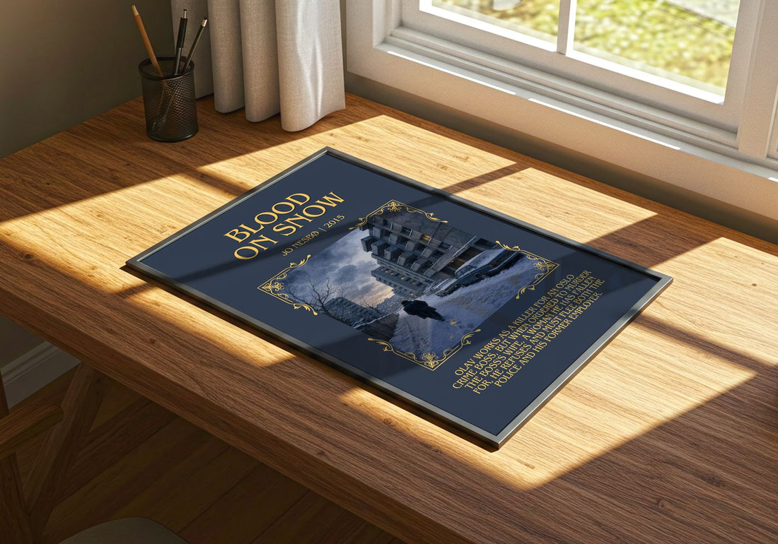 Blood on Snow Minimalist Book Poster by Jo Nesbø – print on a sunlit desk